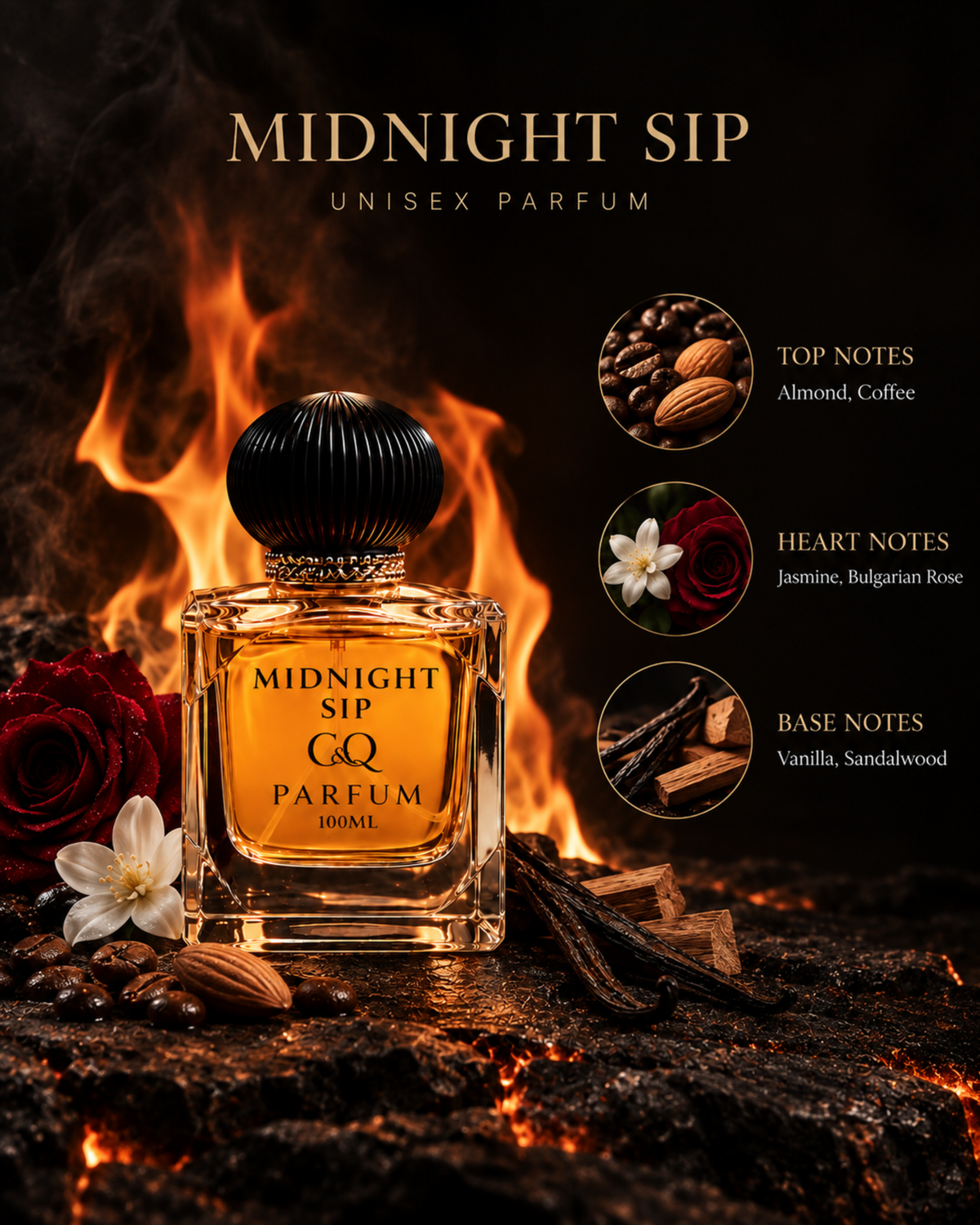 MIDNIGHT SIP luxury unisex parfum bottle with notes.
